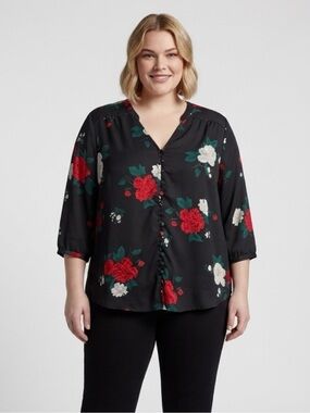 torrid Black Floral Button-Front V-Neck Blouse with Red & Cream Flowers